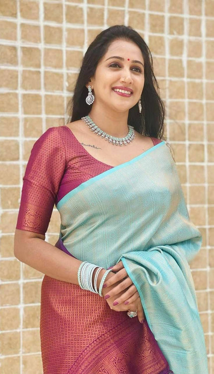 Dazzling Firozi Soft Silk Saree