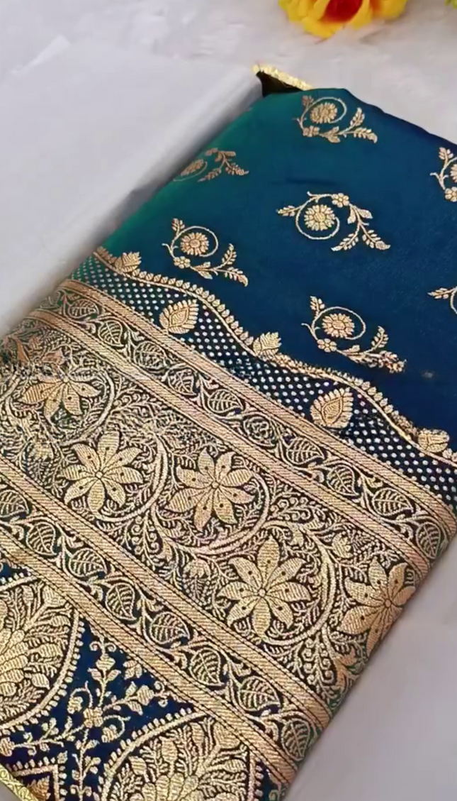 Prabhamati - Teal Banarasi Silk Saree with Zari Floral Weaving