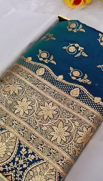 Prabhamati - Teal Banarasi Silk Saree with Zari Floral Weaving