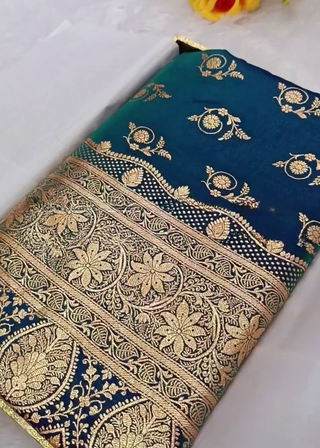 Prabhamati - Teal Banarasi Silk Saree with Zari Floral Weaving
