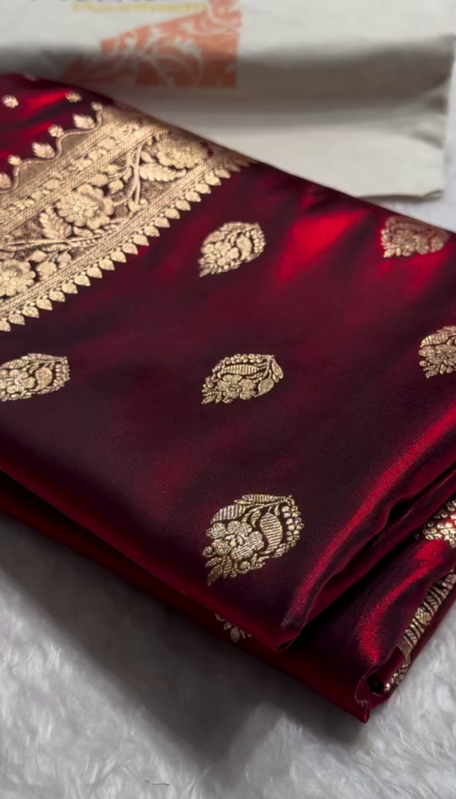 Royal Wine Red Banarasi Silk Saree with Zari Weaving & Pearl Border