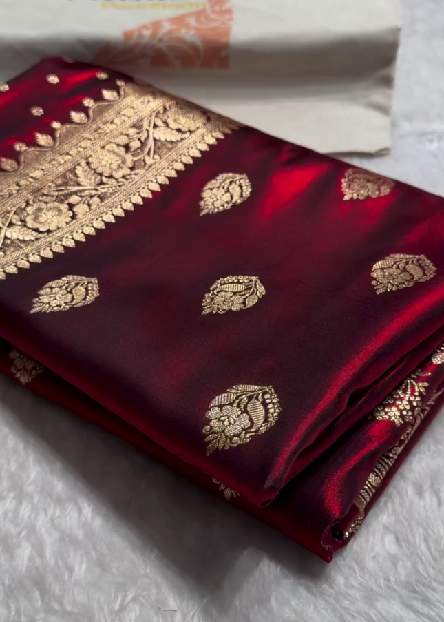 Royal Wine Red Banarasi Silk Saree with Zari Weaving & Pearl Border