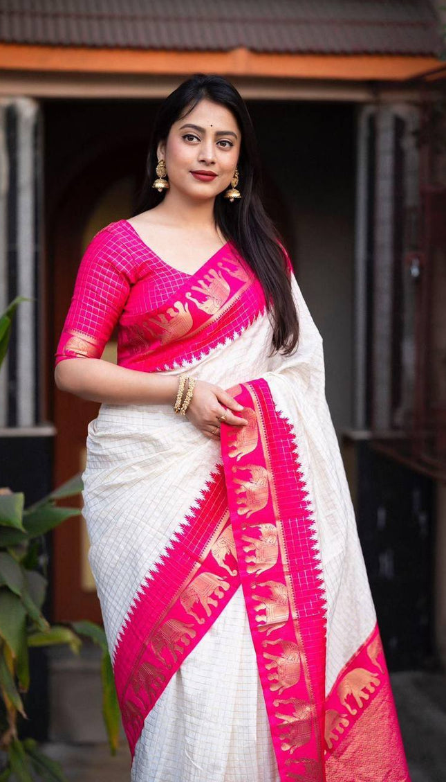 Off White And Rani Woven Silk Saree