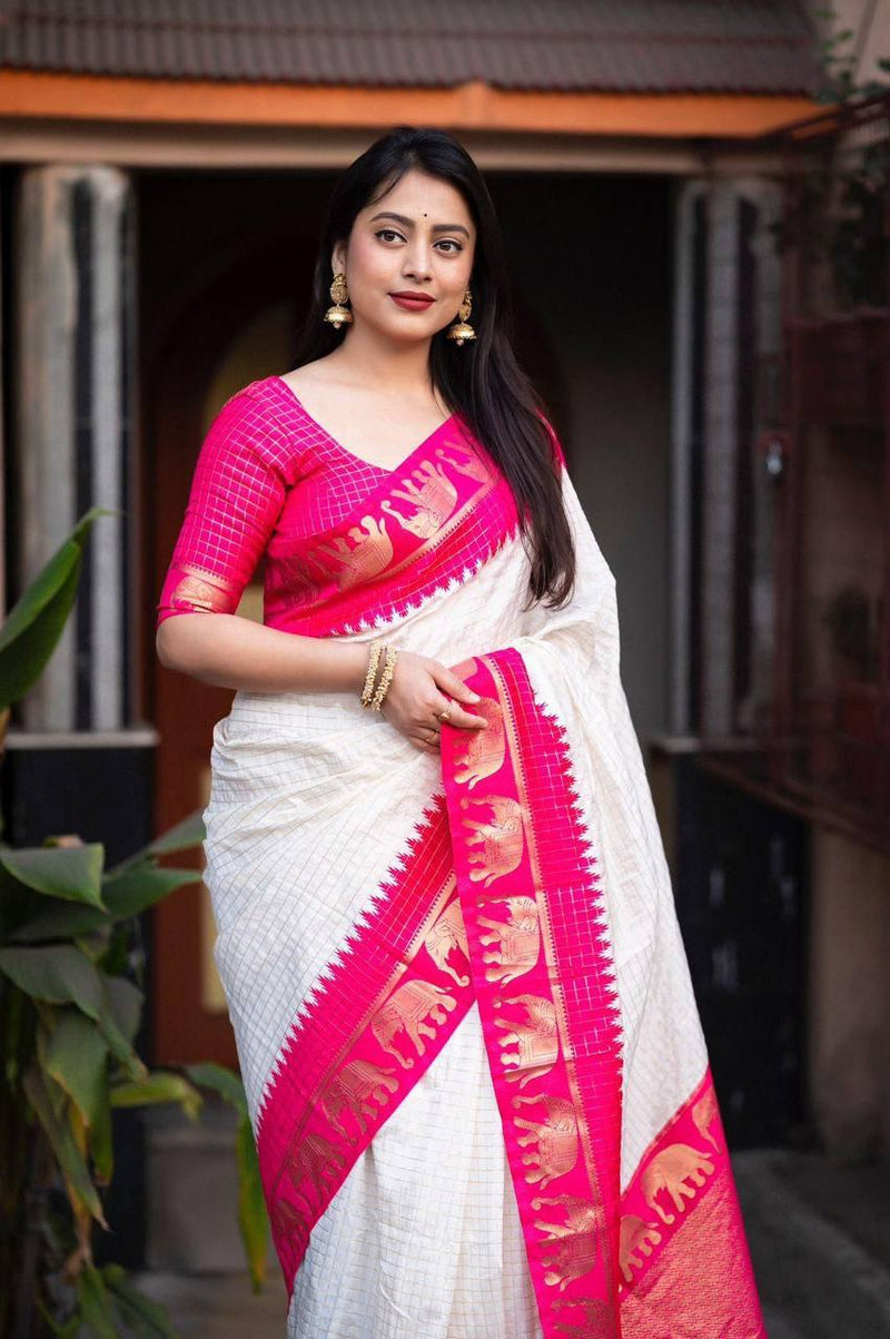 Off White And Rani Woven Silk Saree