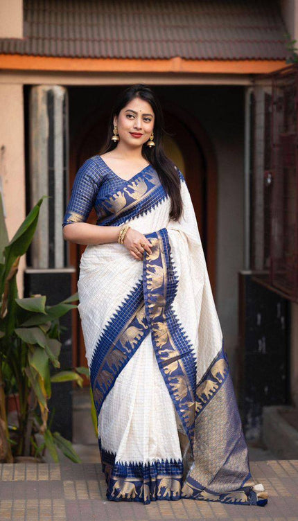 Navy Blue And Off White Silk Zari Saree