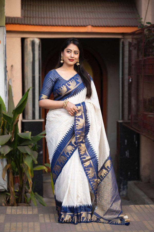 Navy Blue And Off White Silk Zari Saree