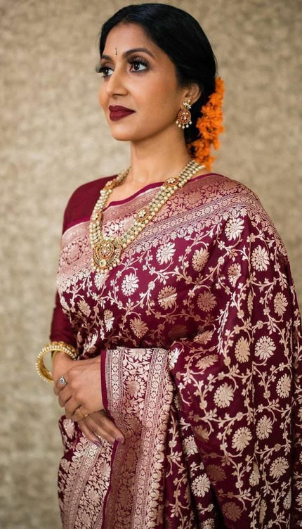 Wine Banarasi Silk Saree