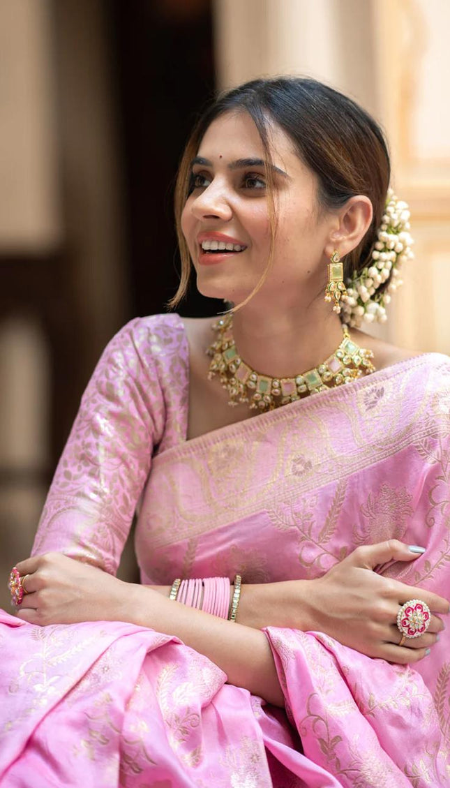Hema Onion Pink Banarasi Silk Saree WIth Fabulouse Blouse Piece