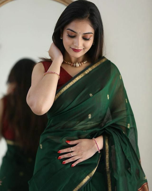Green And Red Soft Cotton Saree