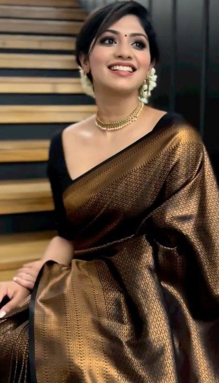 Black Golden Butti Soft Banarasi Silk Saree With Attached Blouse