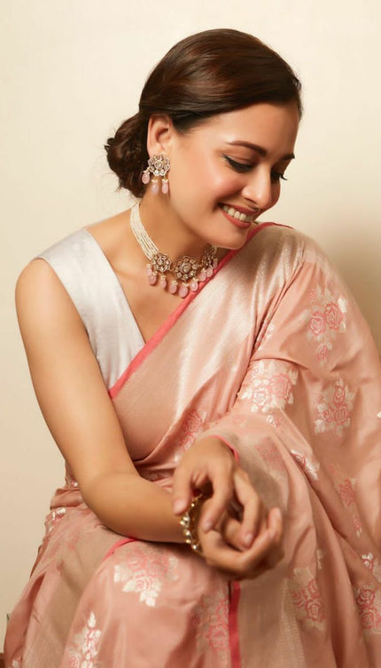 Peach Silk Saree With Weaving Work