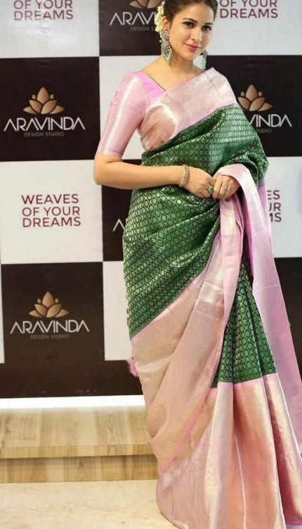 Green & Baby Pink Soft Banarasi Silk Saree