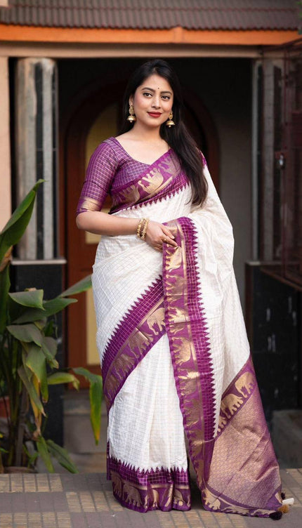 Fascinating Off White And Purple Silk Saree