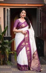 Fascinating Off White And Purple Silk Saree
