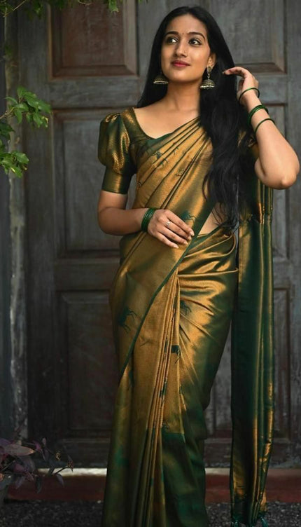 Dark Green Soft Lichi Silk Jacquard Saree