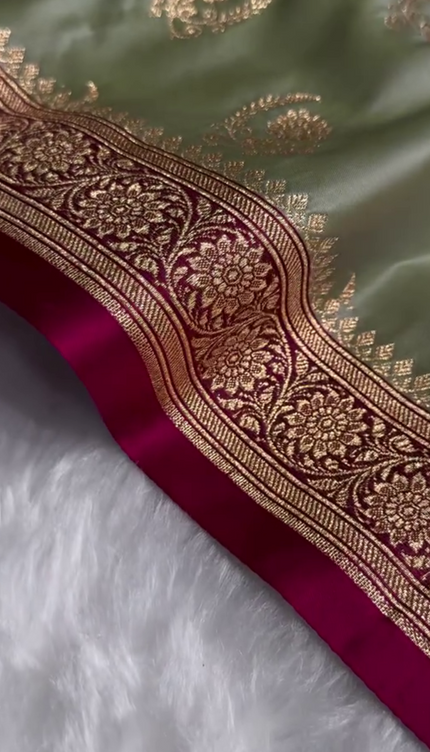 Charulata - Green Katan Silk Saree with Zari Boota and Pink Border