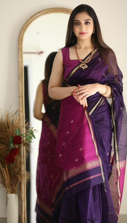 Luxuriant Purple Cotton Silk Saree