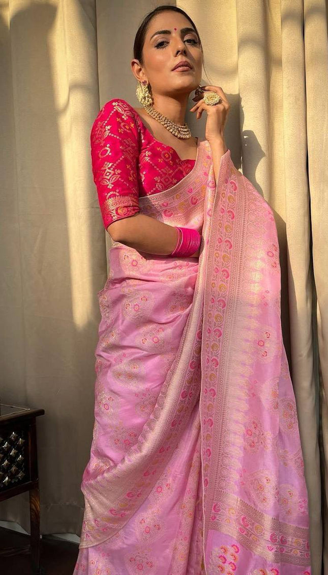 Onion Pink Banarasi Soft Silk Saree