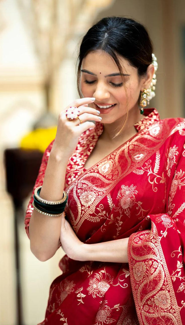 Hema Red Banarasi Silk Saree WIth Fabulouse Blouse Piece