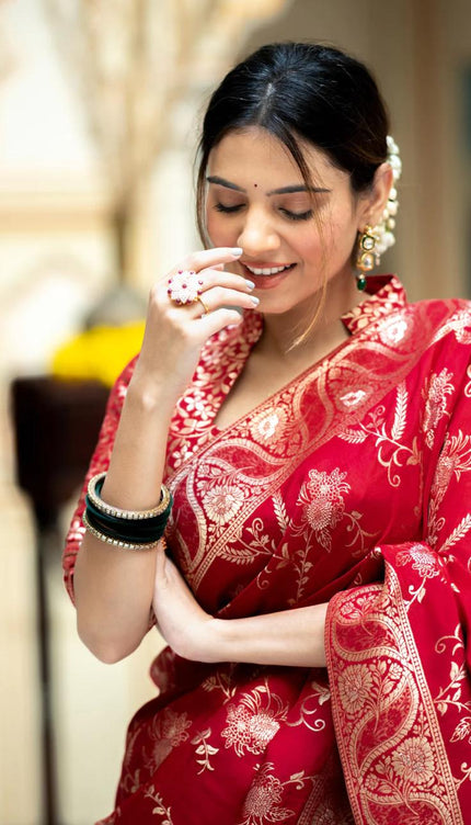 Hema Red Banarasi Silk Saree WIth Fabulouse Blouse Piece