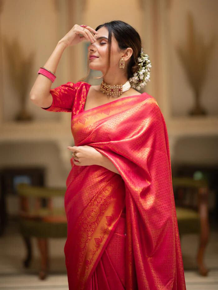 Carrot Red Premium Soft Banarasi Silk Saree