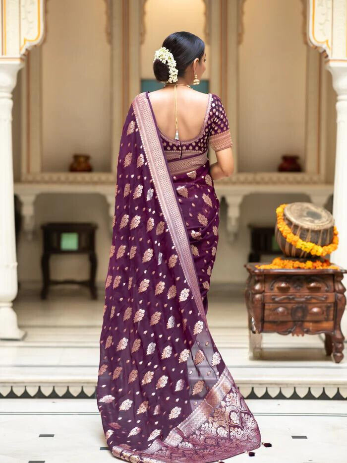Wine Jacquard Work Banarasi Silk Saree