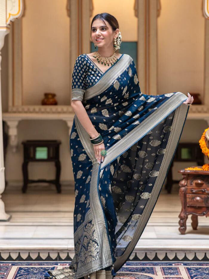 Midnight Blue Banarasi Silk Saree