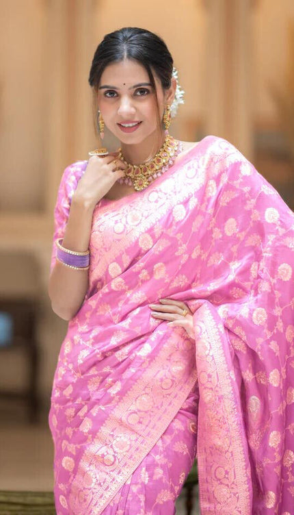 Onion Pink Banarasi Uppada Silk Saree