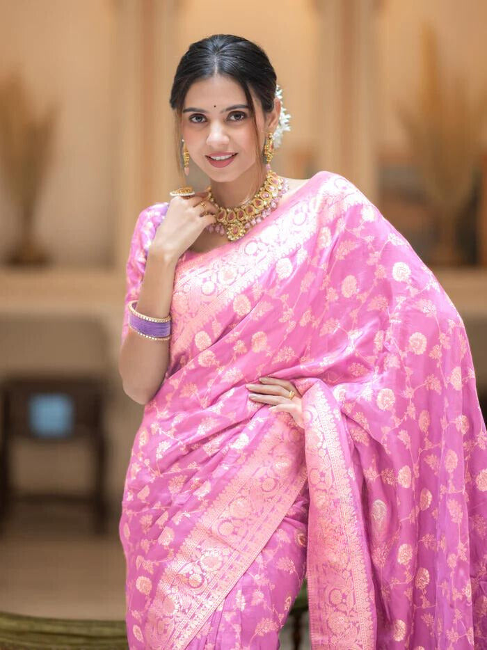 Onion Pink Banarasi Uppada Silk Saree
