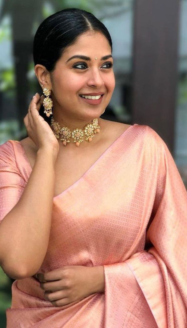 Bindu Peach Soft Banarasi Silk Saree With Blouse Attached