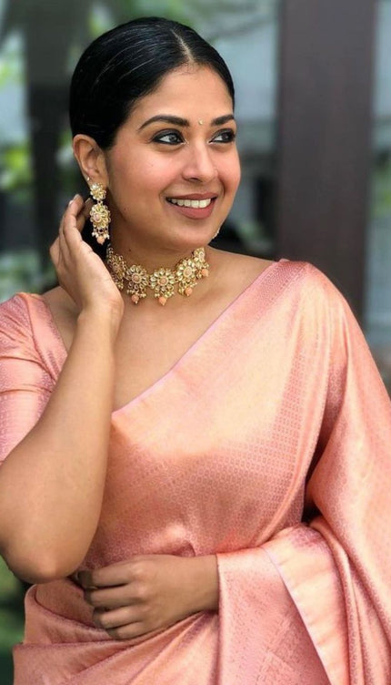 Bindu Peach Soft Banarasi Silk Saree With Blouse Attached