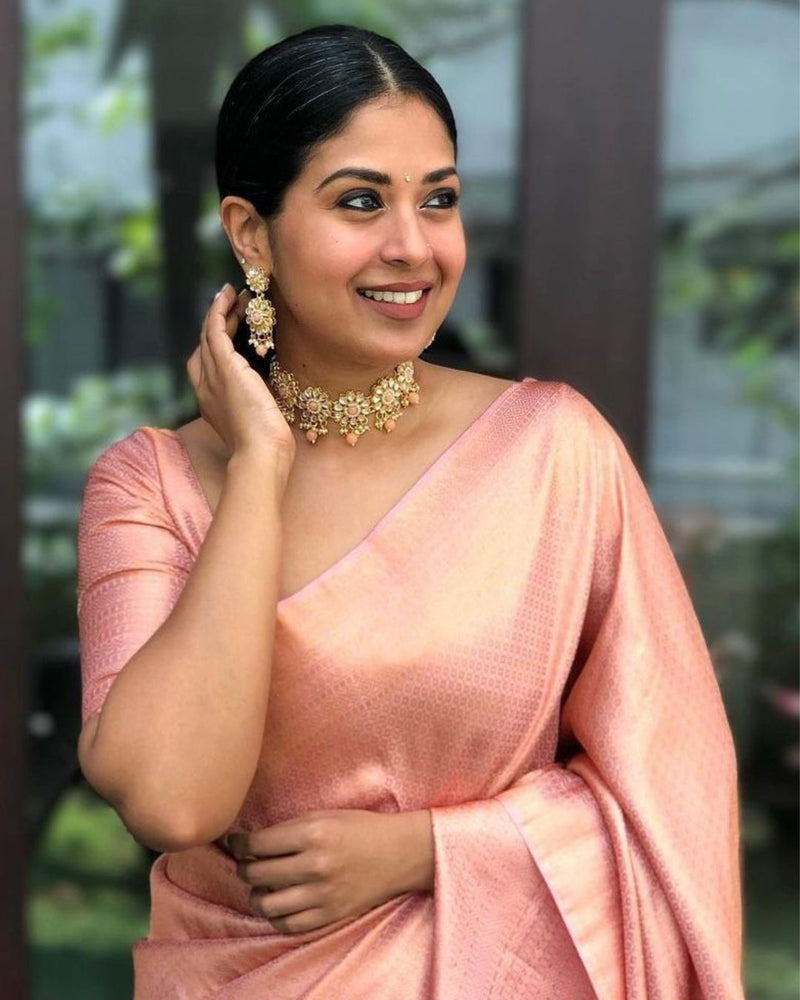 Bindu Peach Soft Banarasi Silk Saree With Blouse Attached