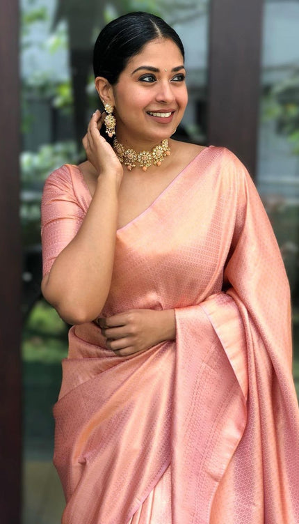 Bindu Peach Soft Banarasi Silk Saree With Blouse Attached