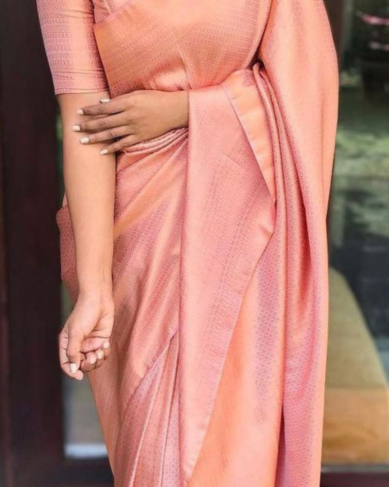Bindu Peach Soft Banarasi Silk Saree With Blouse Attached