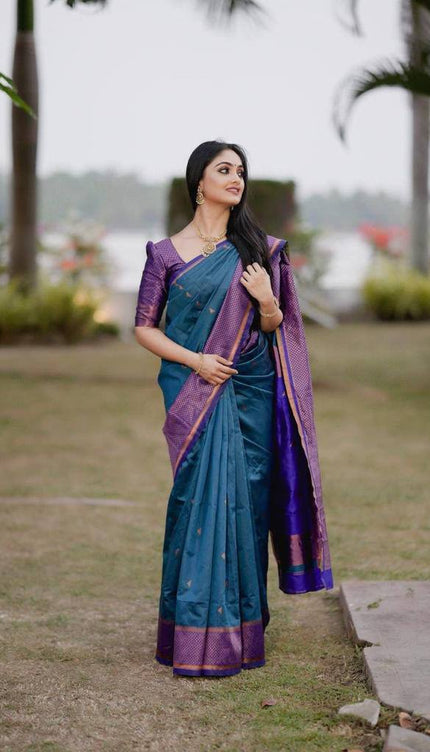 Blue Soft Lichi Silk Jacquard Work Saree