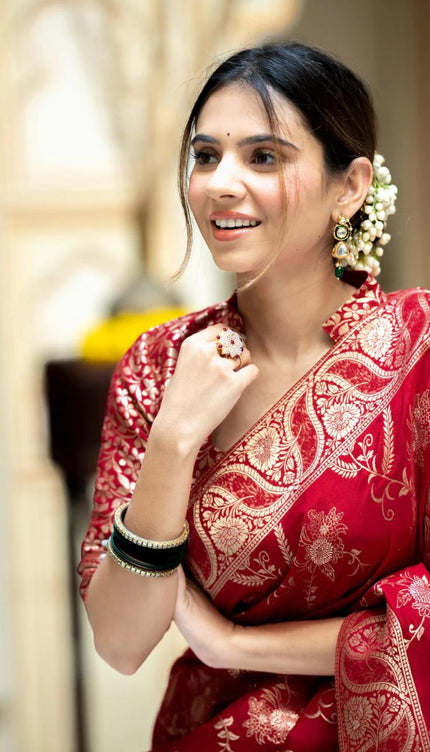Hema Red Banarasi Silk Saree WIth Fabulouse Blouse Piece
