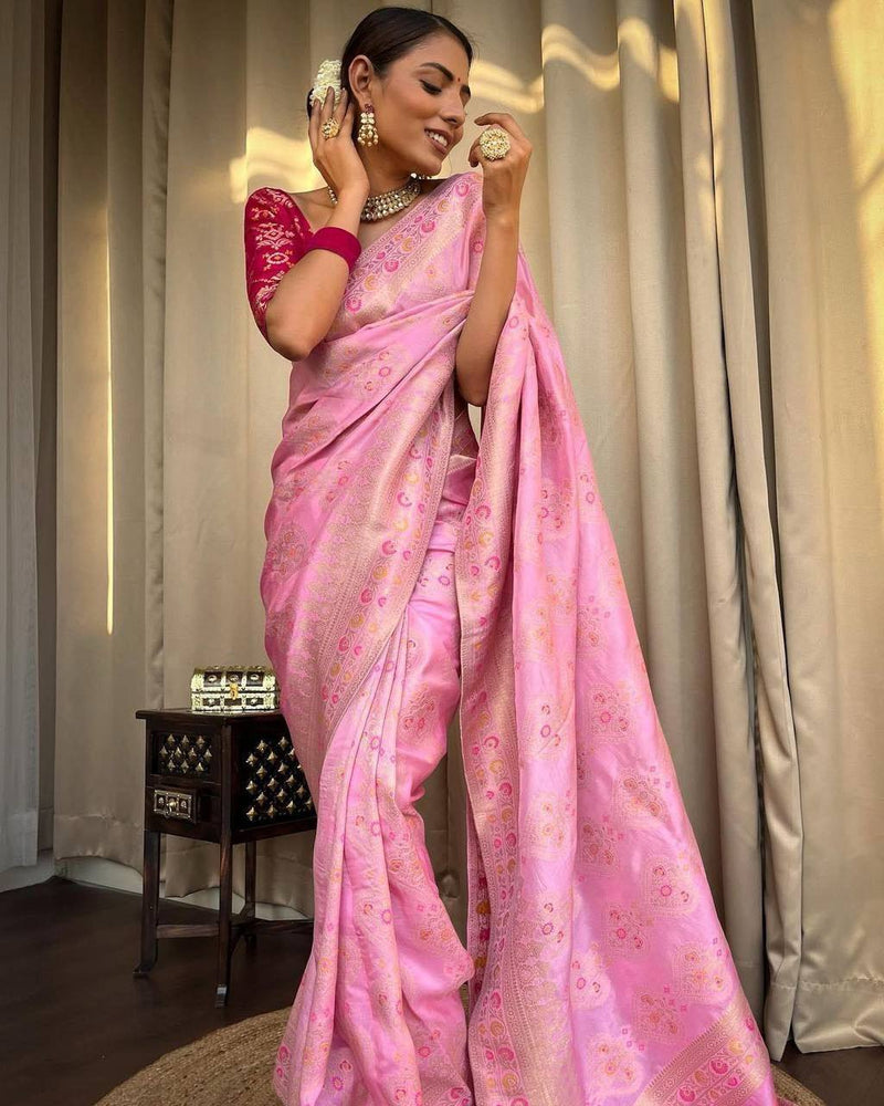 Onion Pink Banarasi Soft Silk Saree