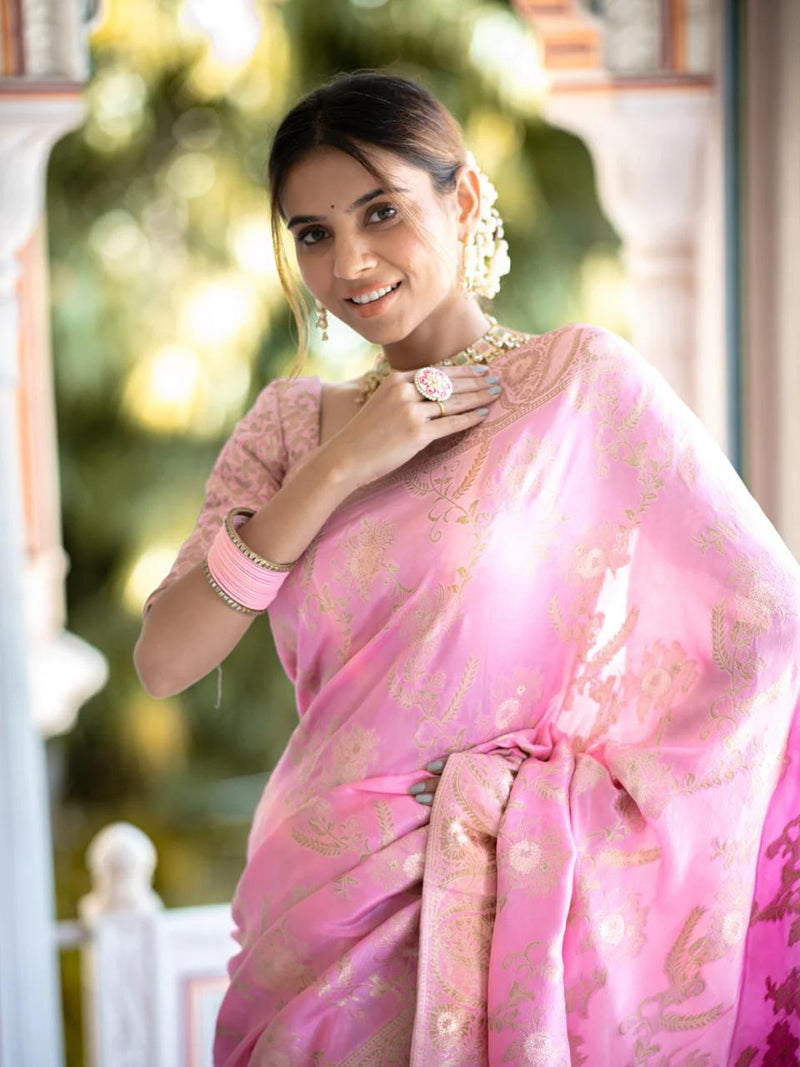 Hema Onion Pink Banarasi Silk Saree WIth Fabulouse Blouse Piece