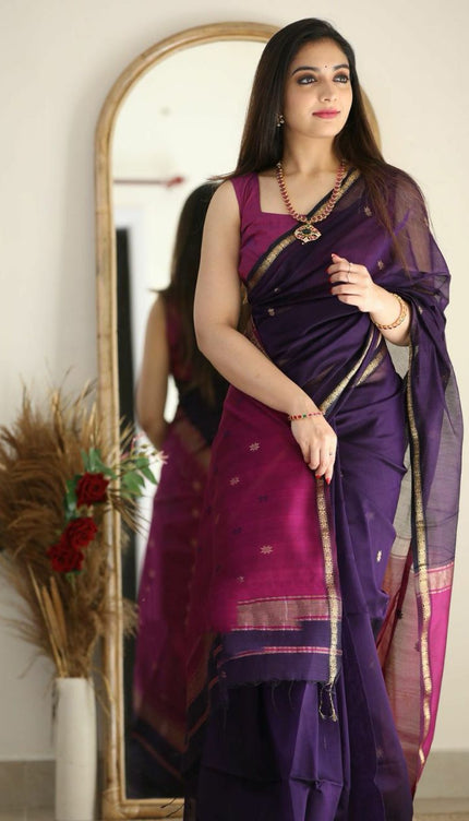 Luxuriant Purple Cotton Silk Saree