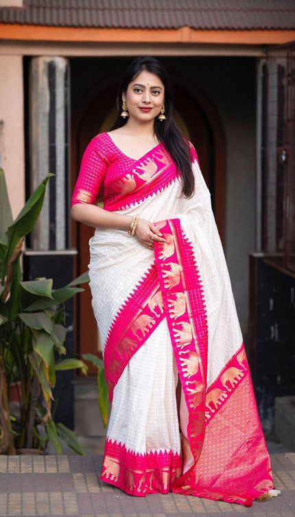 Off White And Rani Woven Silk Saree