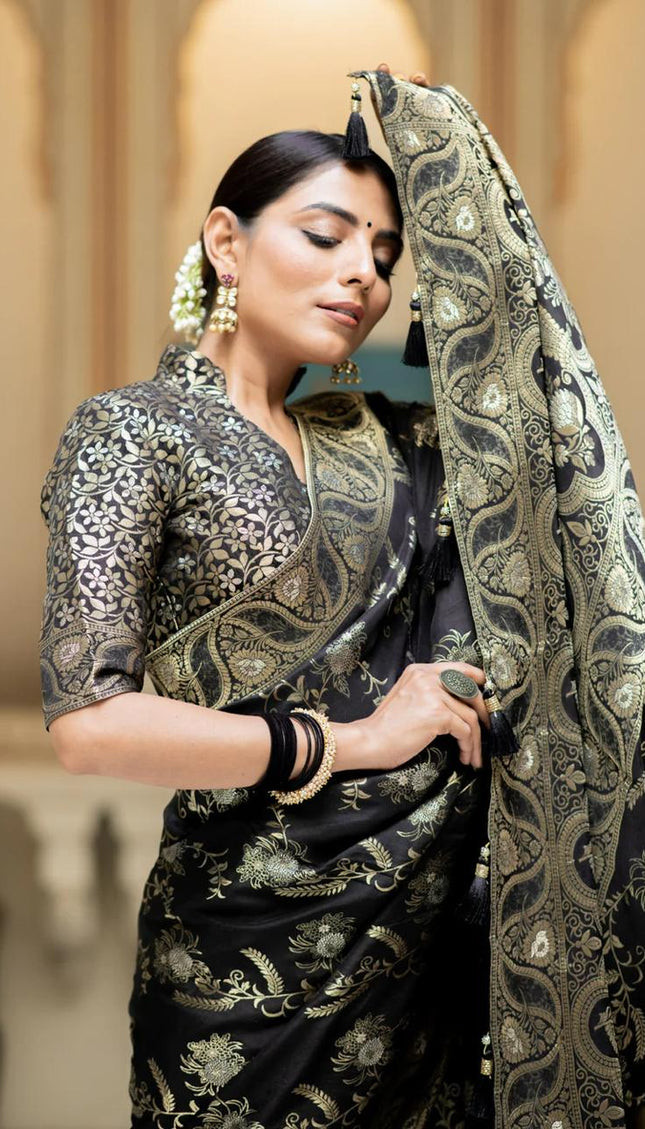 Hema Black Banarasi Silk Saree WIth Fabulouse Blouse Piece