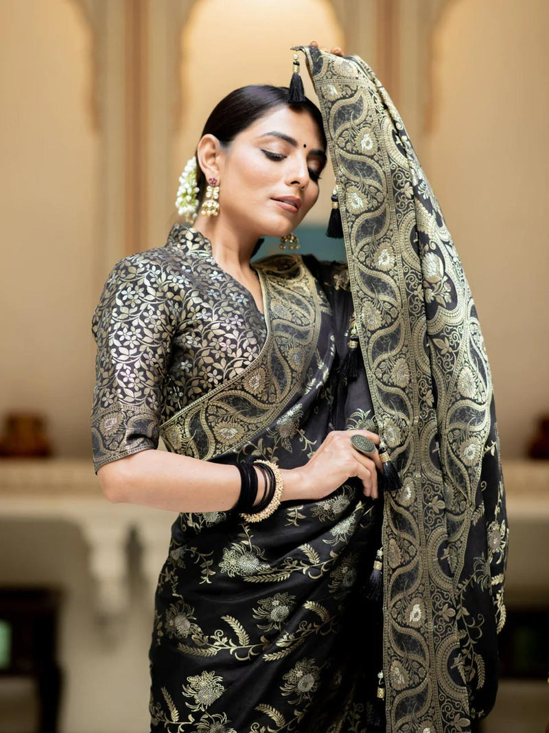 Hema Black Banarasi Silk Saree WIth Fabulouse Blouse Piece