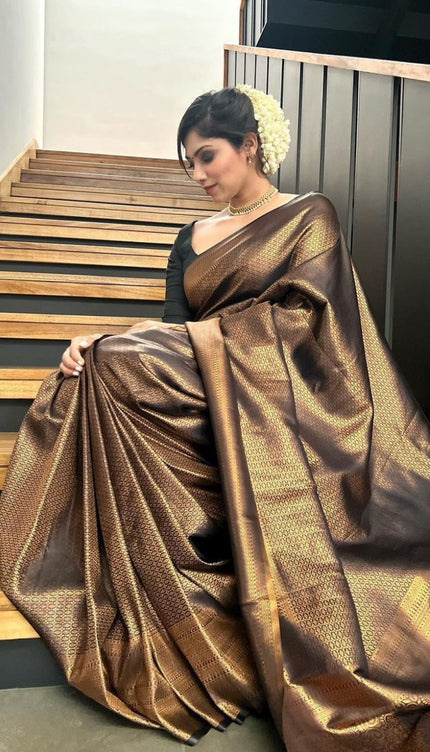 Black Golden Butti Soft Banarasi Silk Saree With Attached Blouse