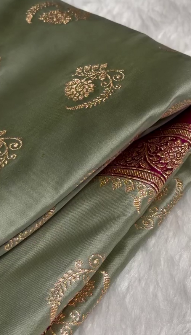 Charulata - Green Katan Silk Saree with Zari Boota and Pink Border