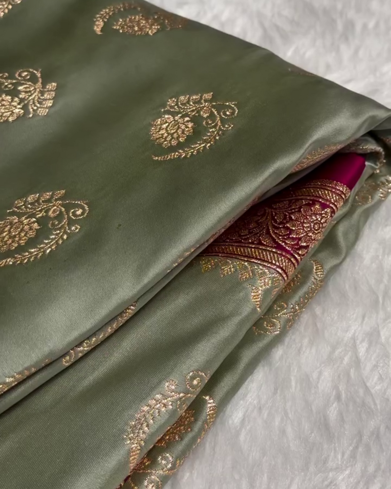 Charulata - Green Katan Silk Saree with Zari Boota and Pink Border
