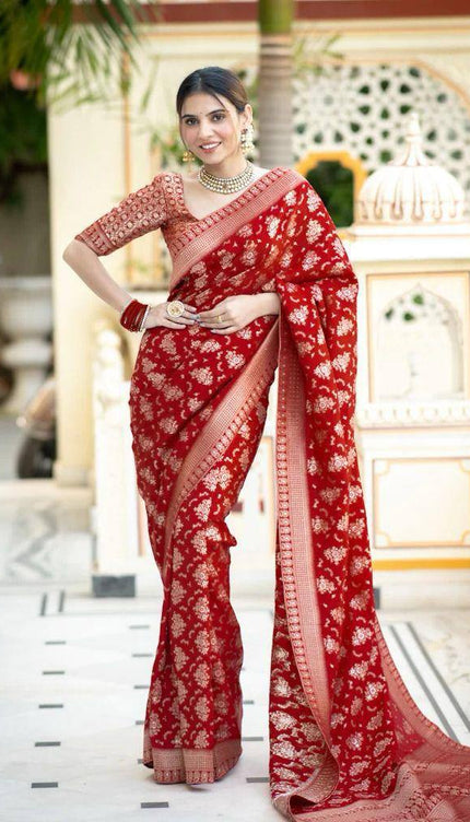 Demesne Red Soft Silk Saree With Nemesis Blouse Piece