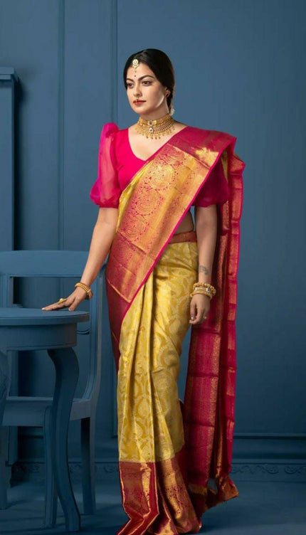 Lissome Yellow Soft Silk Saree