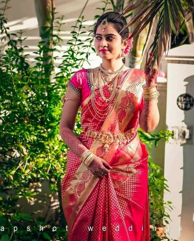 Bright Pink Soft Lichi Silk Saree
