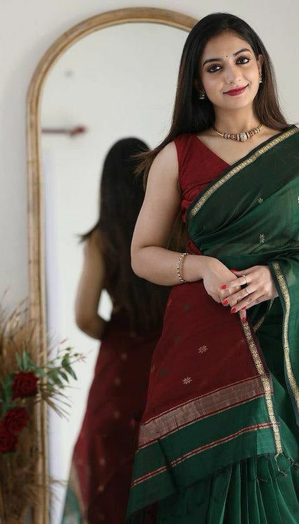 Green And Red Soft Cotton Saree