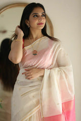 Off White Jacquard Soft Silk Saree